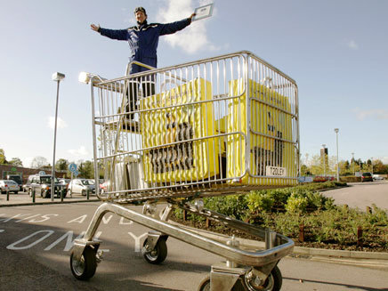 Custom allow wheels made for giant motorised shopping trolley made for Jackass