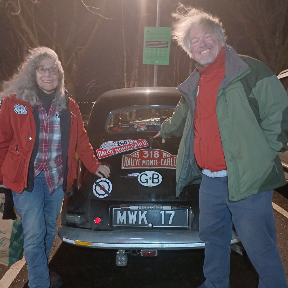 Jim and Joyce Pohl with the Sterling Moss 1953 Sunbeam Alpine Rally Car.